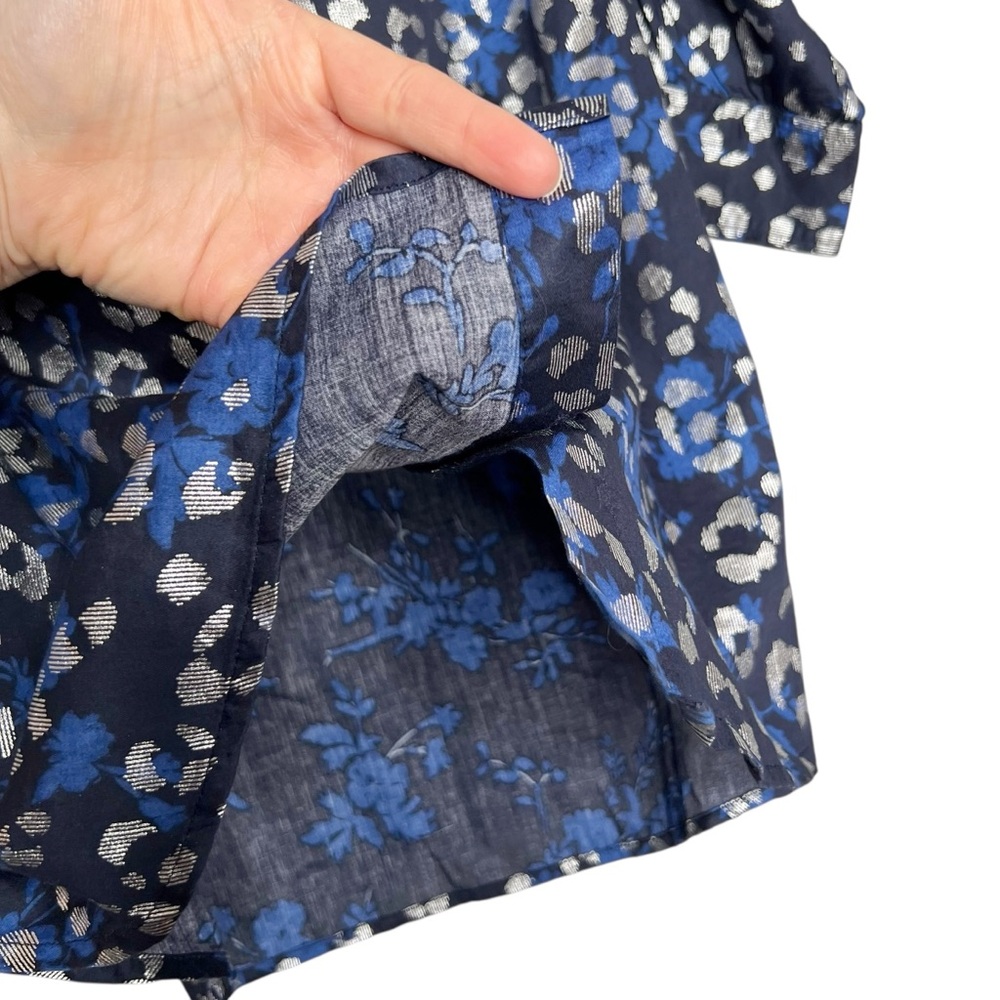 GAP Cotton Puff Sleeve Button Front Blouse Blue & Silver Size Medium - Picture 5 of 12